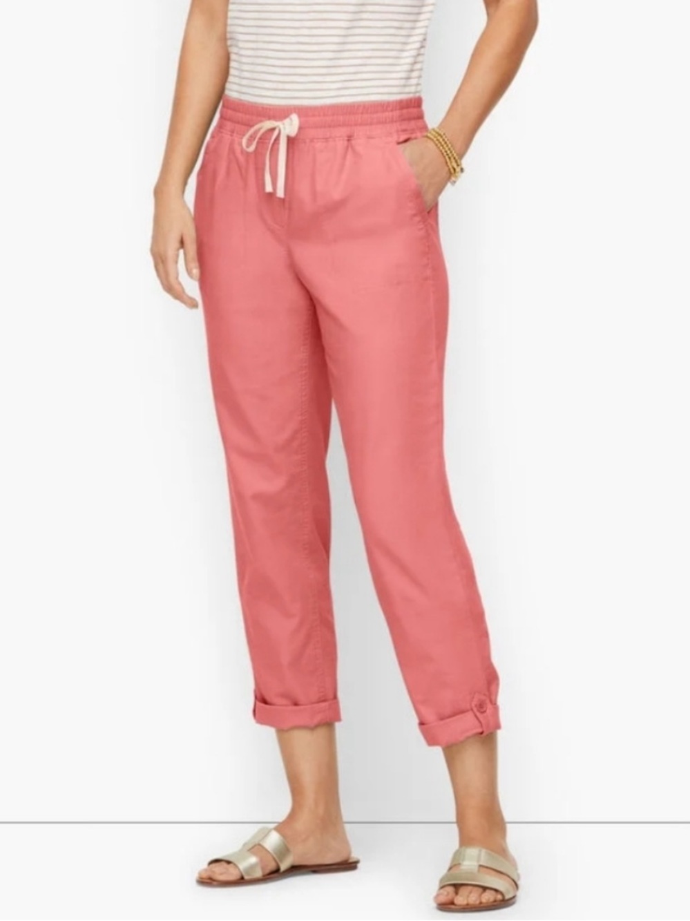 Talbots Drawstring Cuffed Pants Cropped Straight Leg Pink Size Medium Petite